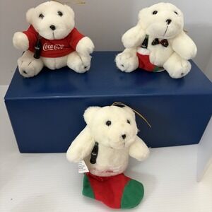 Lot Of 3 Vintage 1997 Coca-Cola Plush Bear Christmas Ornaments Polar Bear Coke